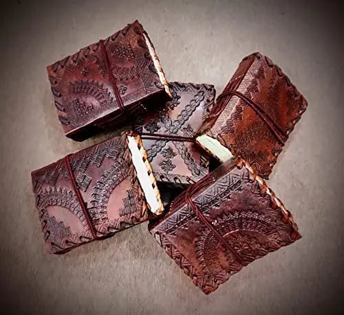 Assorted Patterns Embossed Handmade Brown Leather Bound Pocket Size Journal