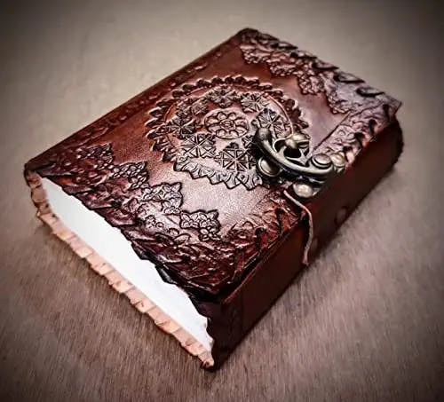 Handmade Chakra Embossed Locked Leather Bound Journal, 200 Page Eco Friendly Writing Notepad, Unlined Refillable Cotton Recycled Pages, Book of Shadows, Gift for Him/Her