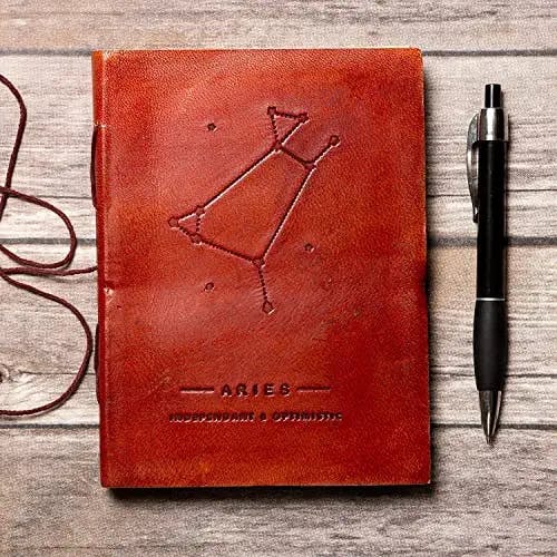 Soothi Personalized Zodiac Handmade Antique Leather Journal for Travel or Diary, Unlined, Aries, 7''x5''